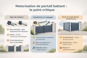 Illustration motorisation portail battant qui montre les points crtiques