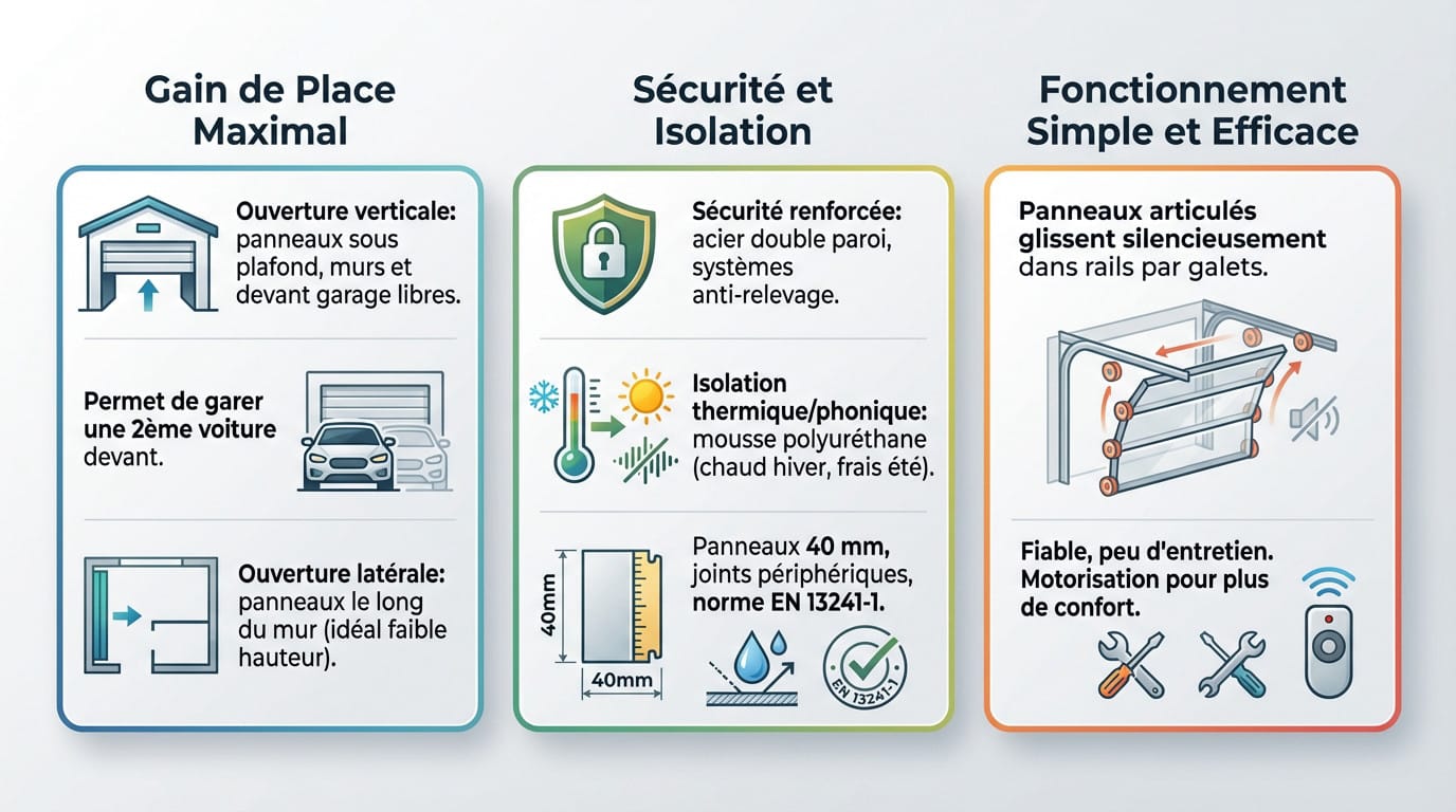 Schéma des avantages d'une porte de garage sectionnelle : isolation et sécurité