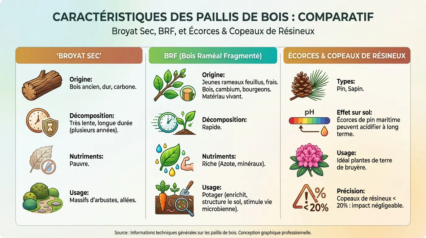 Comparatif visuel des différents types de paillis de bois : broyat sec, BRF et écorces