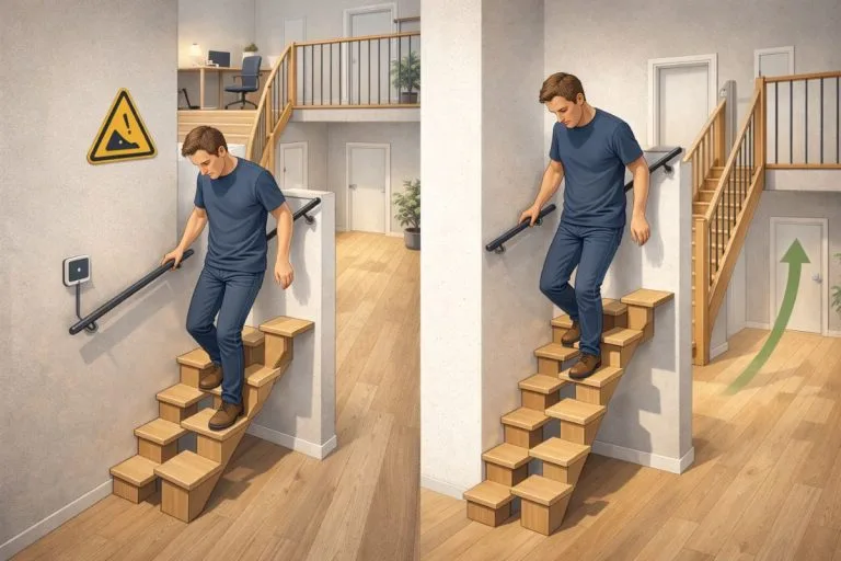 Escalier japonais à pas décalés menant à une mezzanine dans un petit intérieur moderne, mettant en évidence le gain de place et la pente raide de ce type d’escalier.