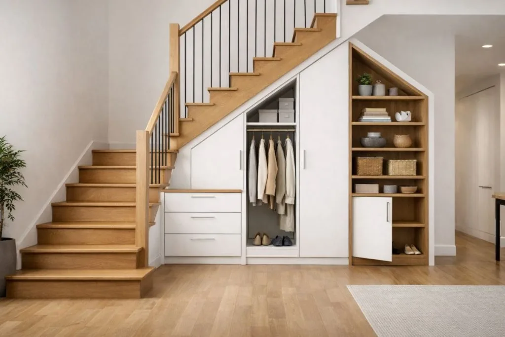 Meuble de rangement sous escalier sur mesure avec placards blancs et niches en bois, intégré à un escalier quart tournant en bois dans un intérieur moderne scandinave