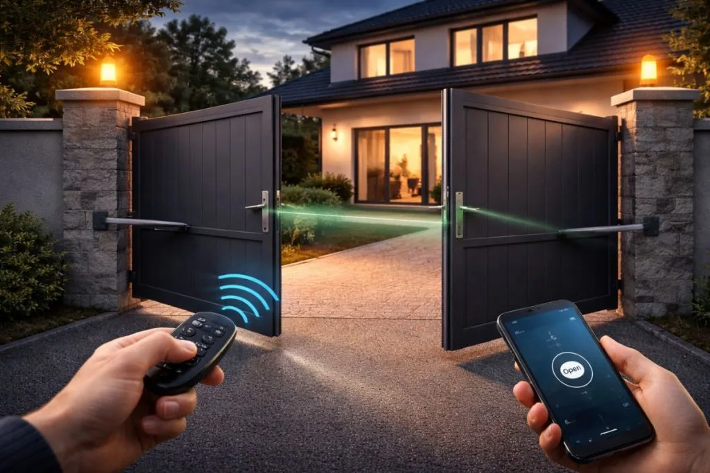 Portail battant motorisé en aluminium s’ouvrant automatiquement au crépuscule, contrôlé à distance par télécommande ou smartphone, avec feu clignotant de sécurité et cellule photoélectrique.