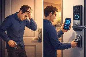 Comparatif avant-après : une personne stressée cherchant ses clés devant une porte verrouillée, puis soulagée en déverrouillant une serrure connectée avec son smartphone.