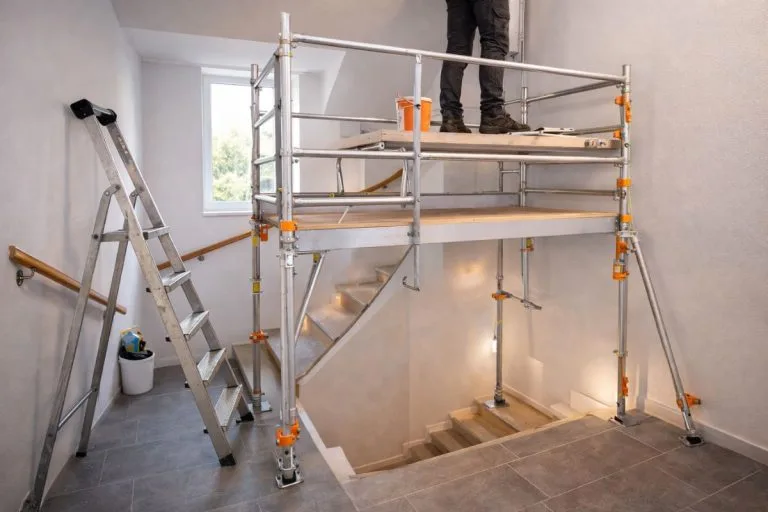 échafaudage adapté à une cage d’escalier avec système de rattrapage de niveau pour travaux de peinture ou rénovation
