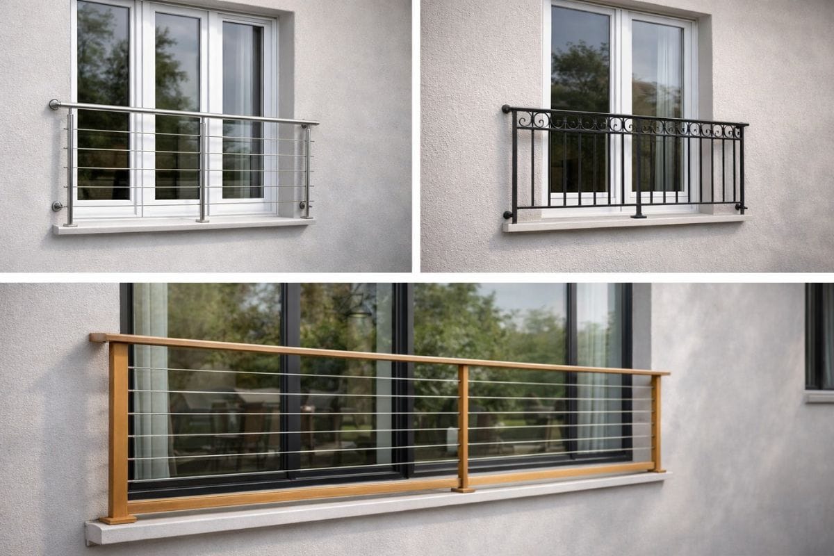 Différents modèles de garde corps fenêtre en inox, fer forgé et bois installés sur façade pour sécuriser des ouvertures en hauteur.