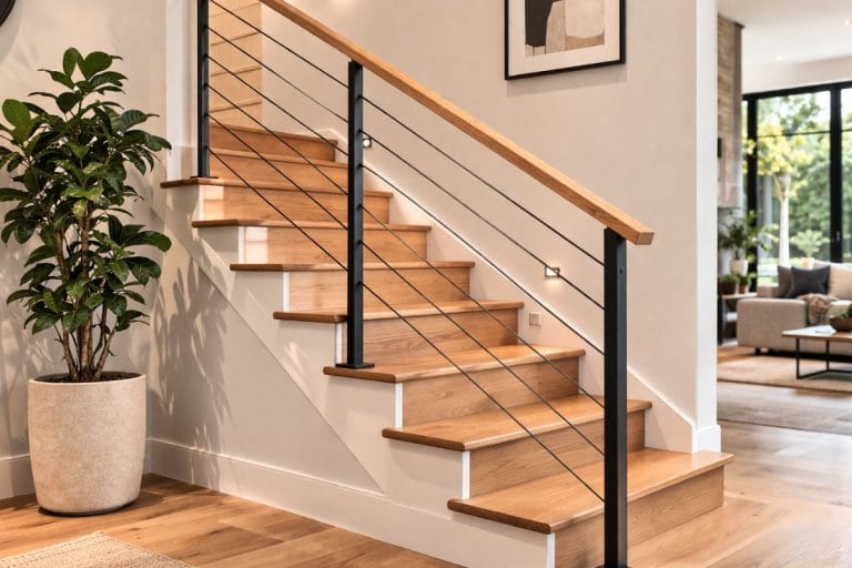 Rampe d’escalier intérieur moderne en bois et métal noir avec câbles horizontaux dans un espace lumineux et design contemporain.