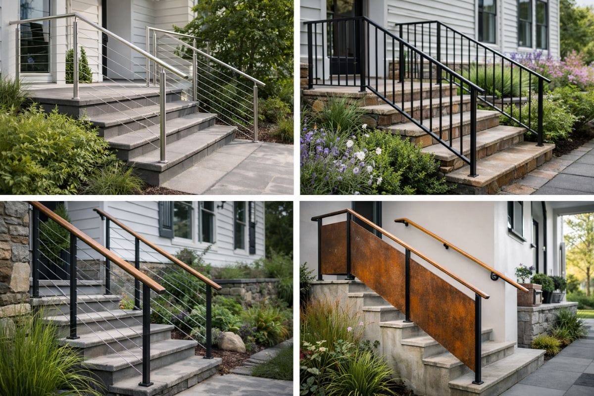 Différents modèles de rampe escalier extérieur en inox, acier et aluminium pour sécuriser un accès extérieur tout en résistant aux intempéries.