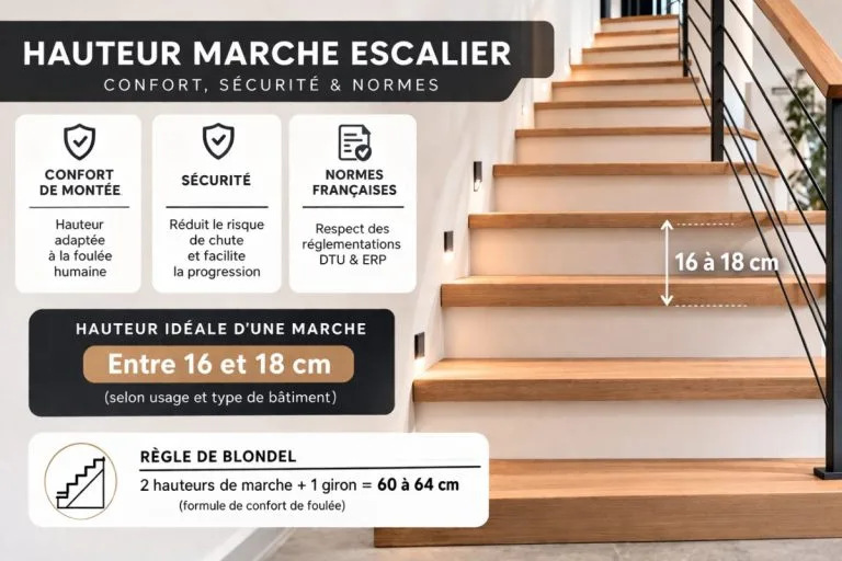 Hauteur marche escalier idéale avec schéma explicatif des dimensions pour un escalier confortable et conforme aux normes