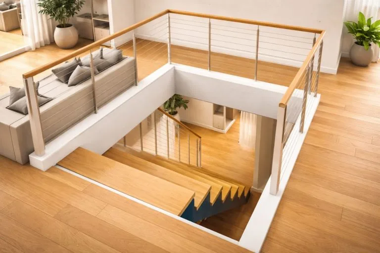 Trémie escalier moderne avec ouverture dans plancher et escalier en bois vu en perspective dans un intérieur contemporain lumineux