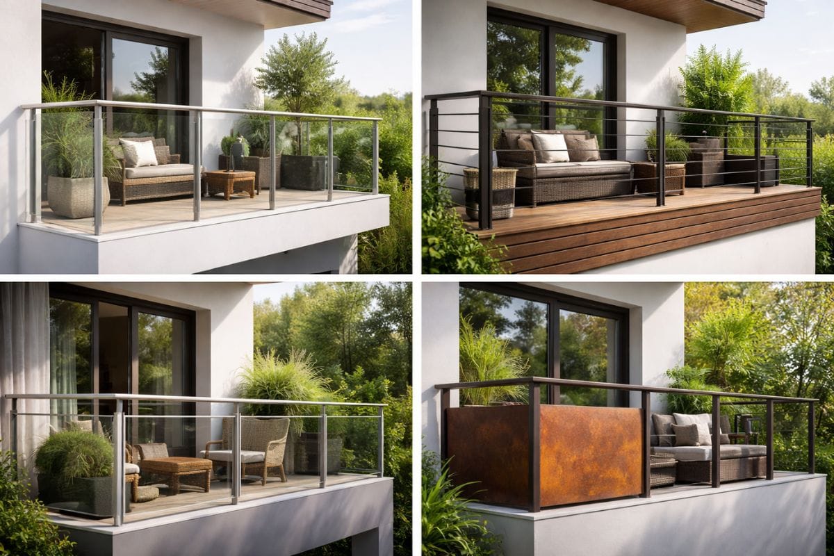 Différents modèles de garde corps balcon en verre, aluminium et acier pour sécuriser et moderniser une façade extérieure.