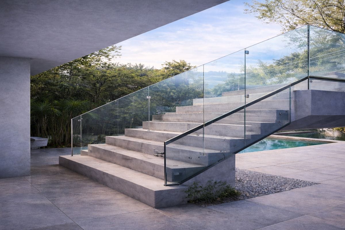 garde-corps en verre moderne installé sur un escalier extérieur avec fixation en verre sécurisé