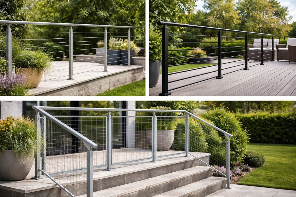 Différents modèles de garde corps métallique en inox, aluminium et acier installés sur terrasse et escalier extérieur avec design moderne et sécurisé.