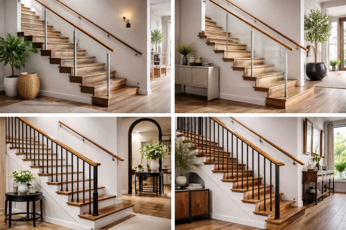 Différents styles de garde corps pour escalier en bois, verre et métal dans des intérieurs modernes et design.