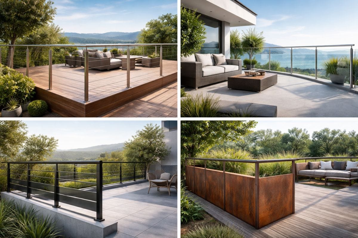 Différents styles de garde corps terrasse modernes en inox, verre, aluminium et acier corten pour sécuriser et embellir un espace extérieur.