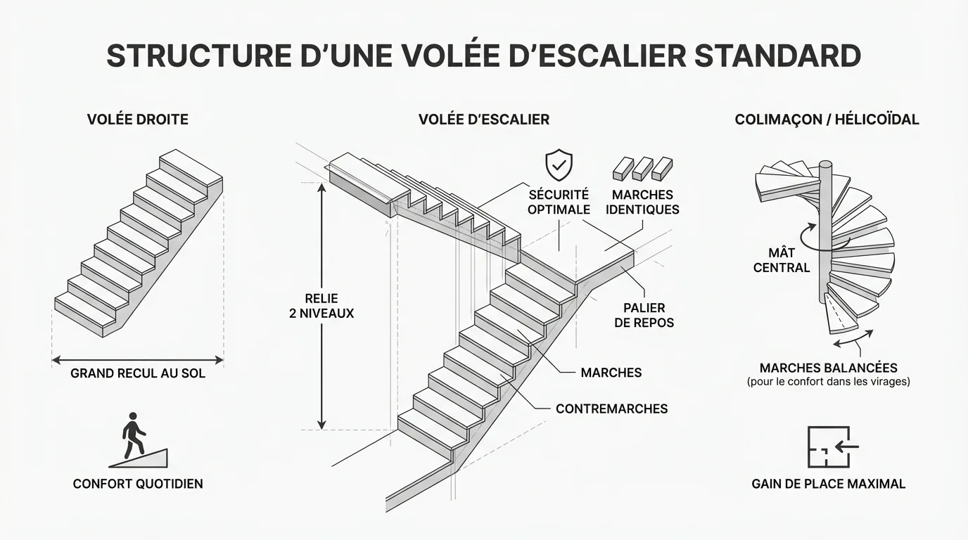 Structure technique d'une volée d'escalier avec marches et paliers
