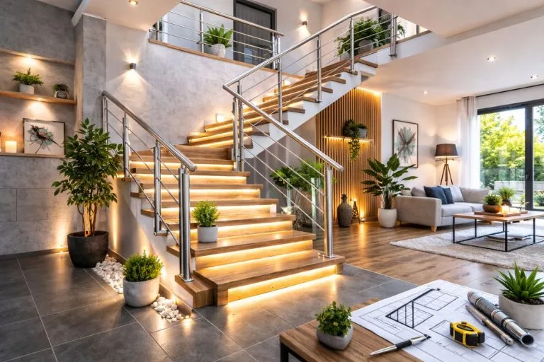 volée d’escalier avec marches en bois et garde-corps inox brossé dans une maison moderne