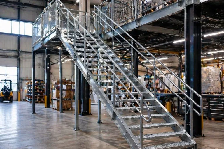 Escalier industriel en métal menant à une mezzanine dans un entrepôt professionnel lumineux