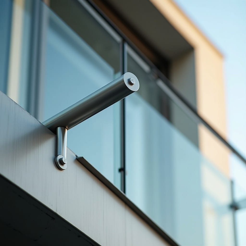 Détail de garde corps en inox brossé et verre trempé sur balcon contemporain