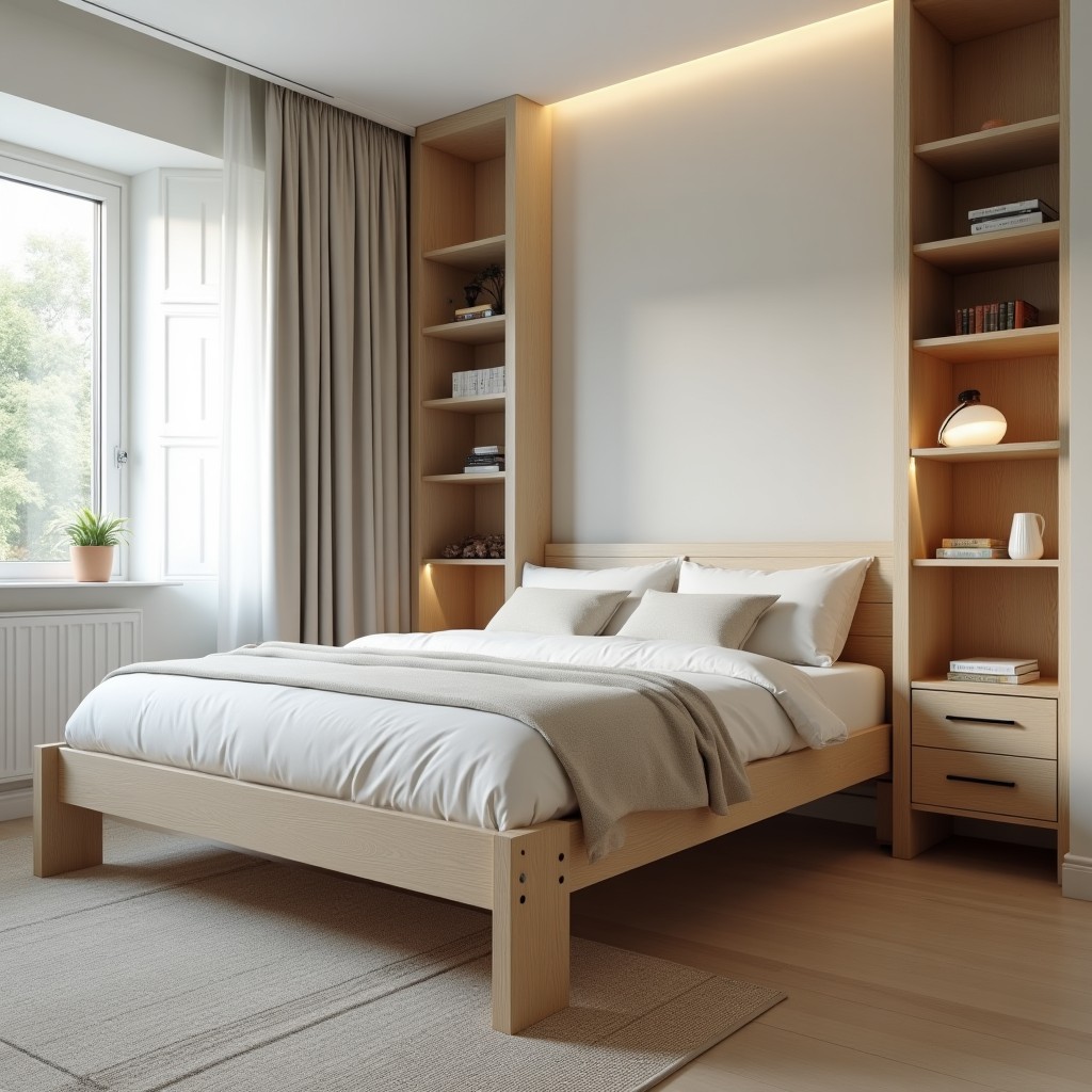 Pont de lit moderne en bois dans une chambre avec rangements intégrés