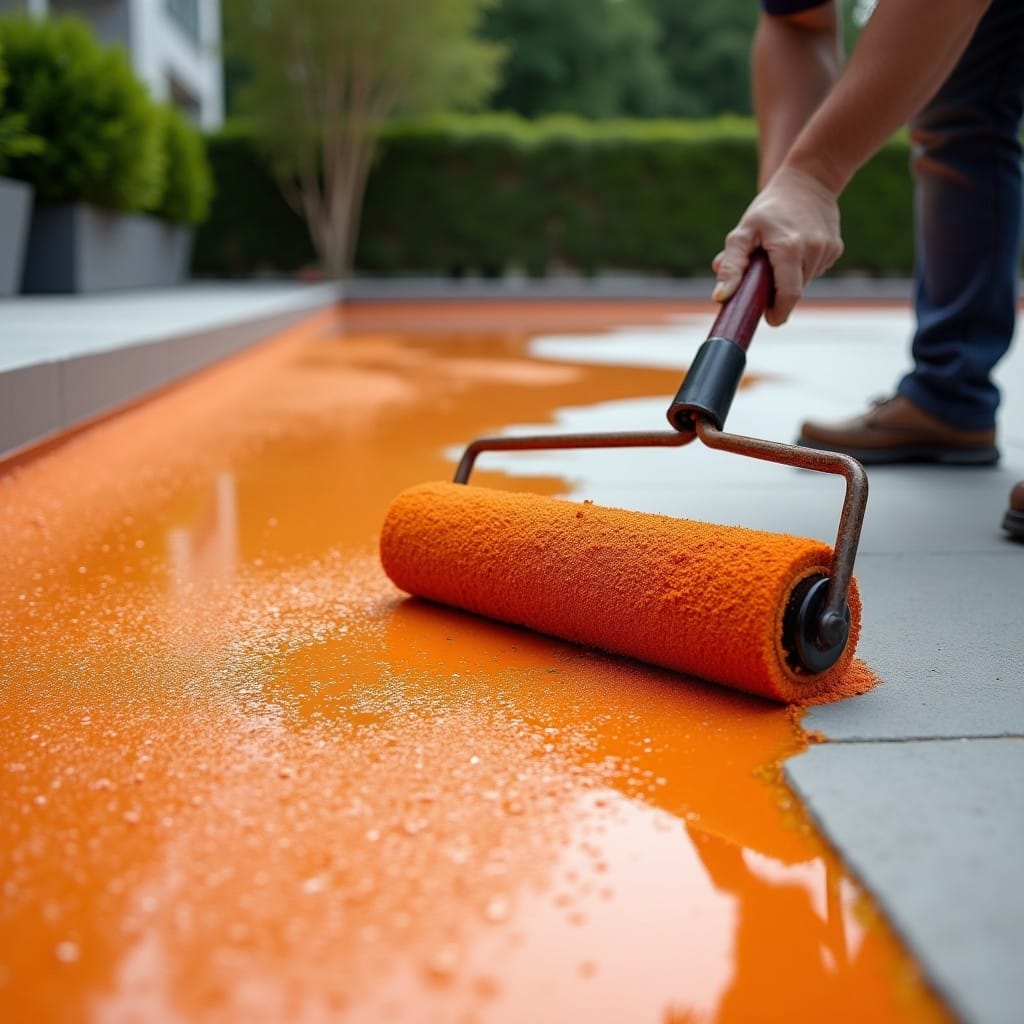 Application de résine polyuréthane sur terrasse extérieure en béton avec rouleau