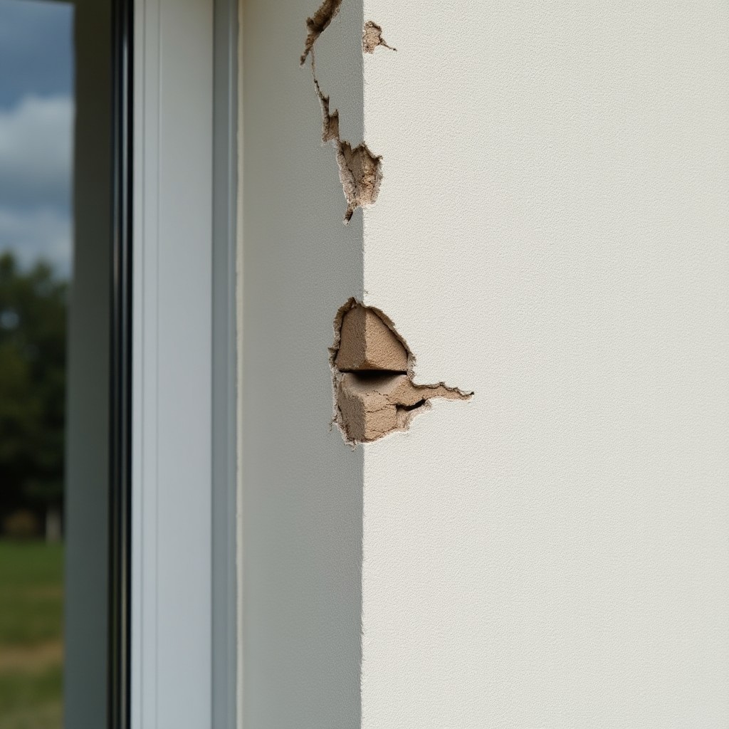 Grosse fissure sur un mur extérieur en cours de réparation