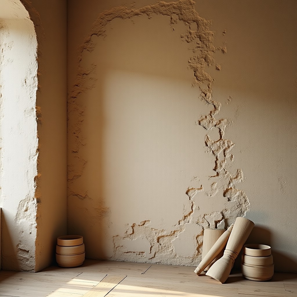 Mur intérieur recouvert de crépi taloché, texture décorative