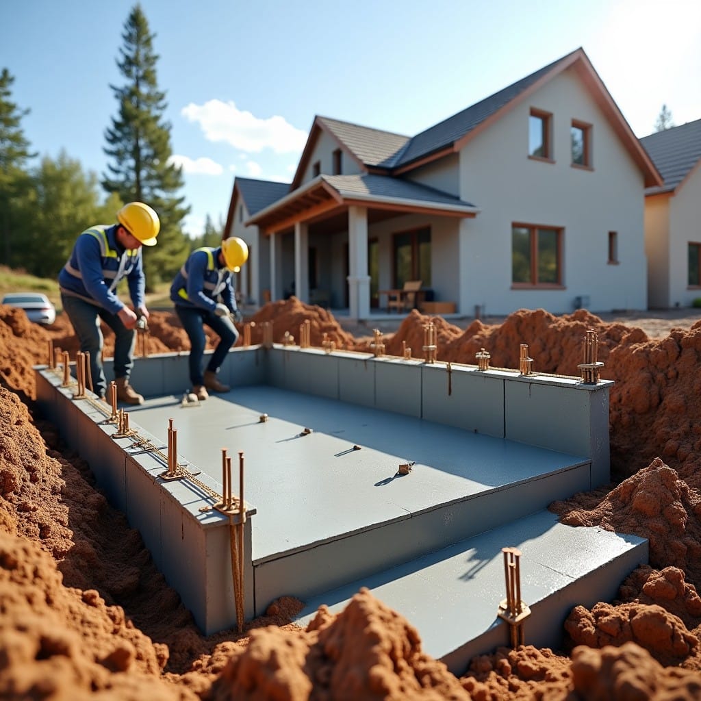 Chantier de gros œuvre avec coulage des fondations en béton armé