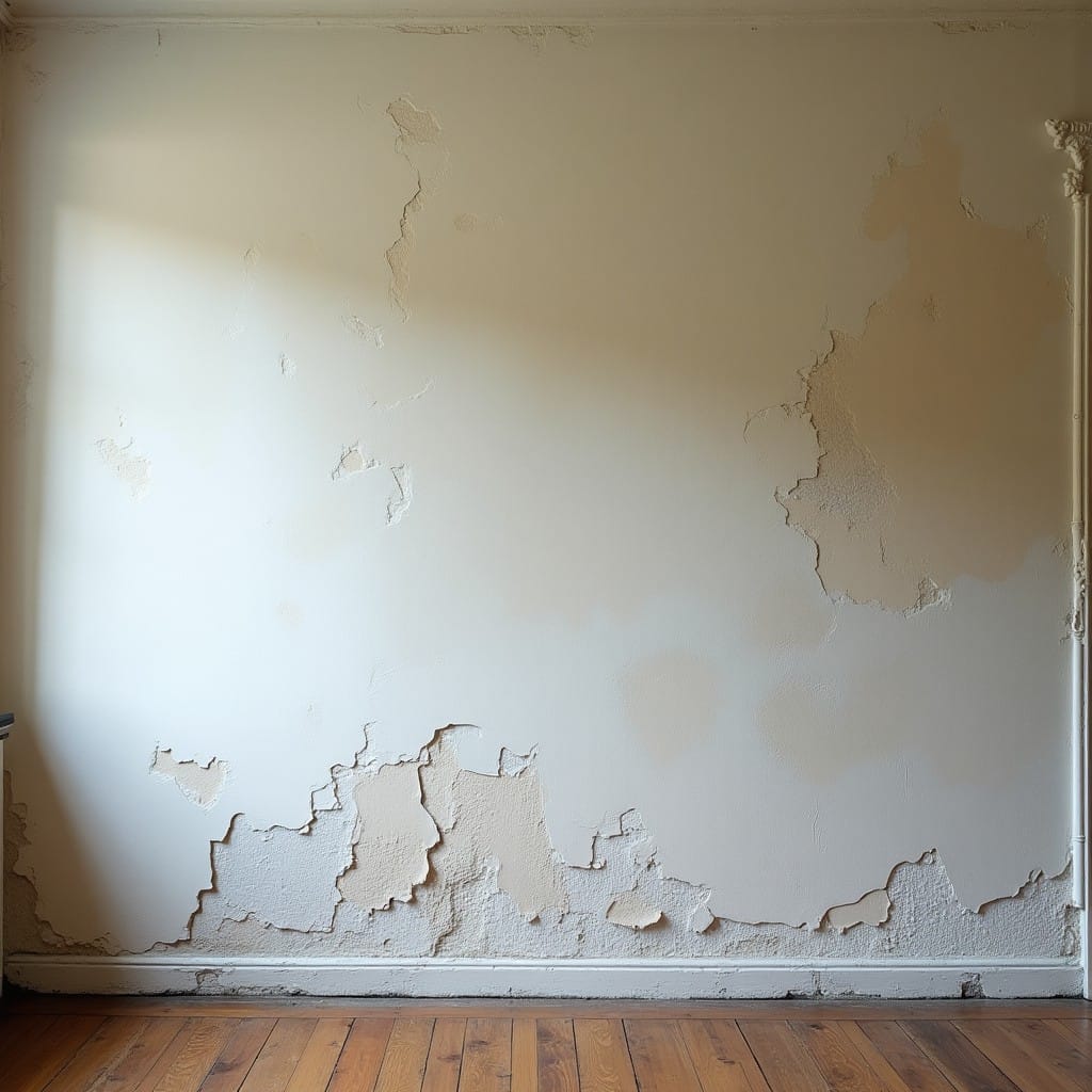 Mur intérieur affecté par l'humidité avec traces de salpêtre et taches sombres