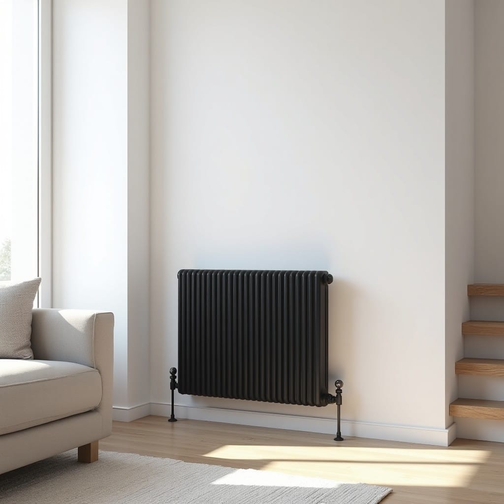 Radiateur à inertie sèche en fonte noire fixé au mur d'un salon moderne et lumineux
