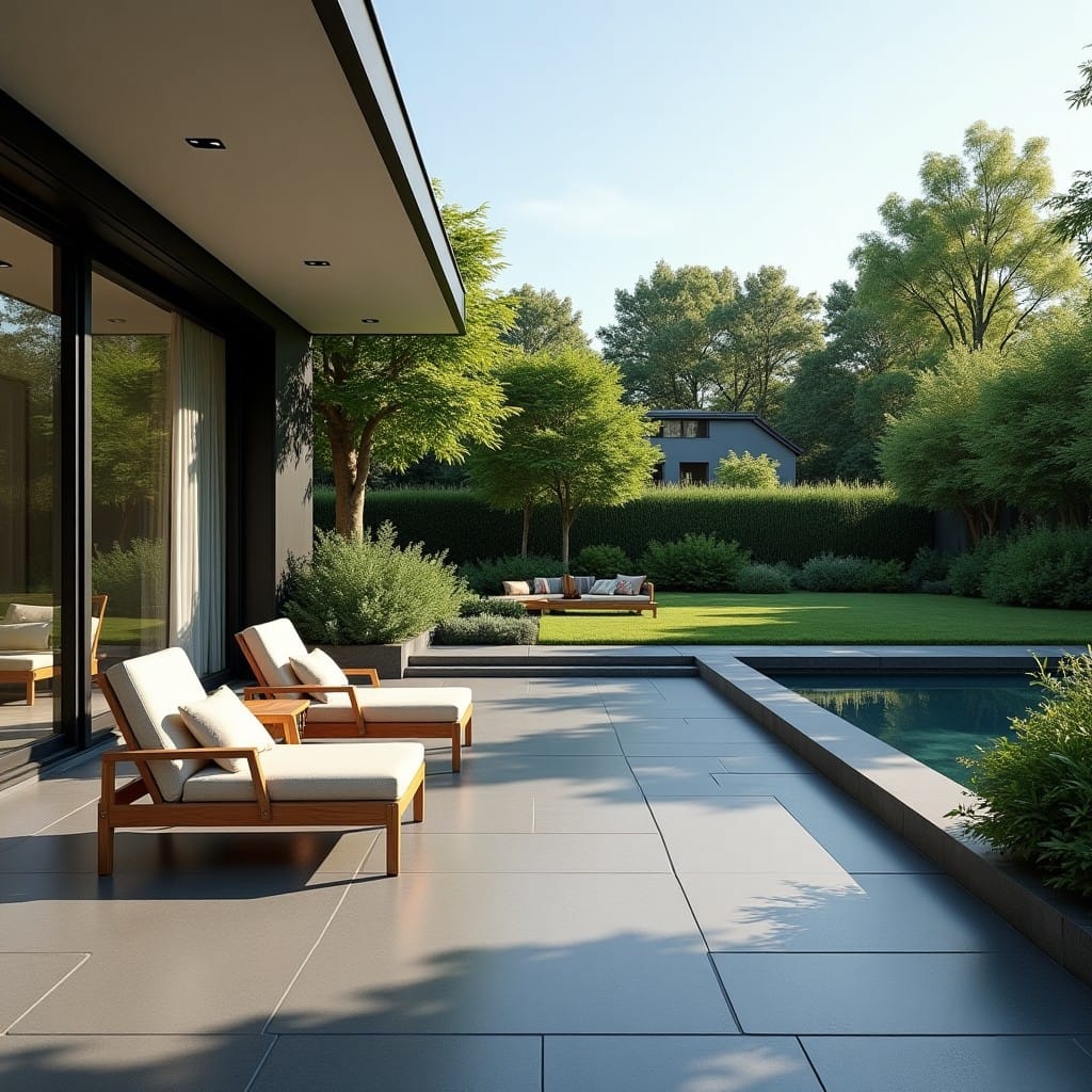 Terrasse extérieure moderne avec carrelage gris anthracite et mobilier de jardin en teck