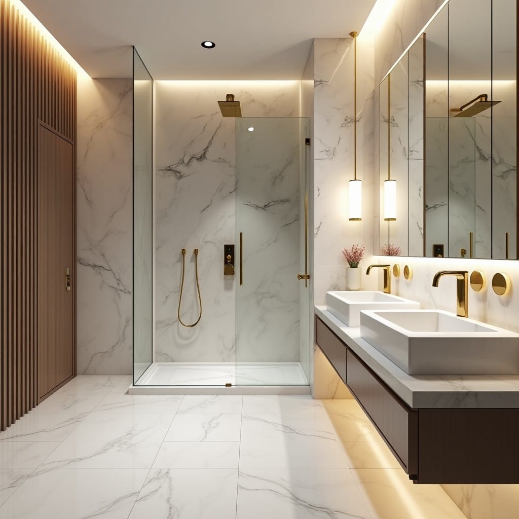 Salle de bain de luxe avec douche à l'italienne en marbre blanc et double vasque suspendue