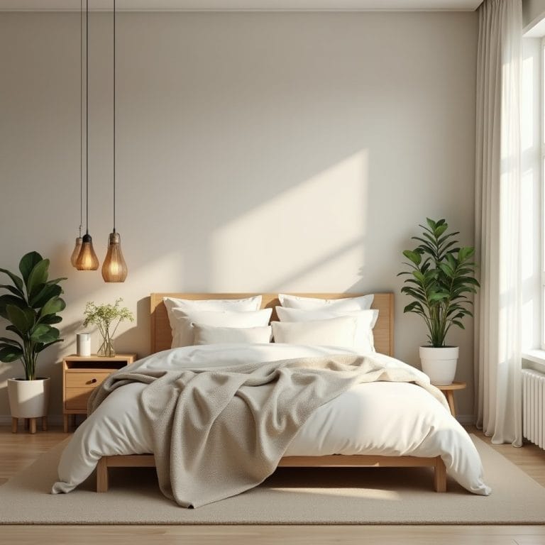 Chambre décorée dans un style scandinave épuré avec mobilier en bois clair