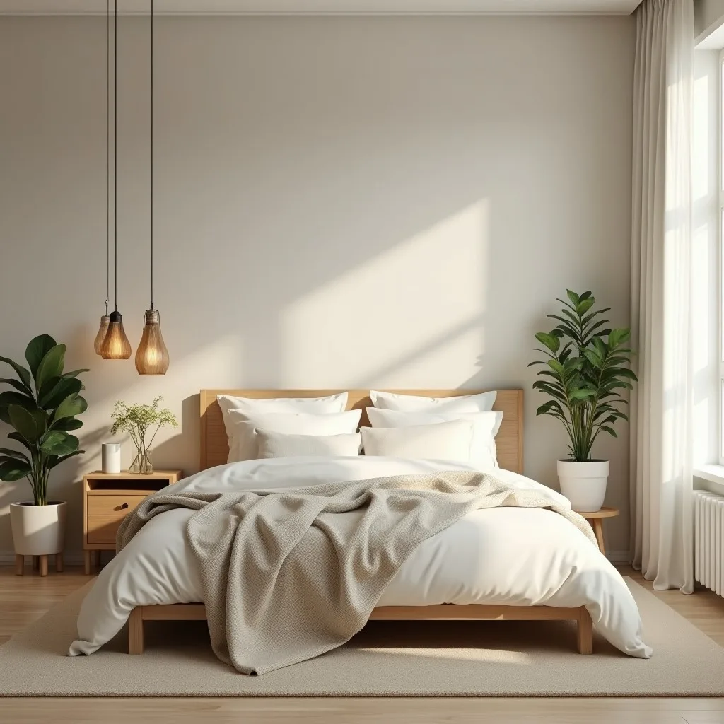 Chambre décorée dans un style scandinave épuré avec mobilier en bois clair