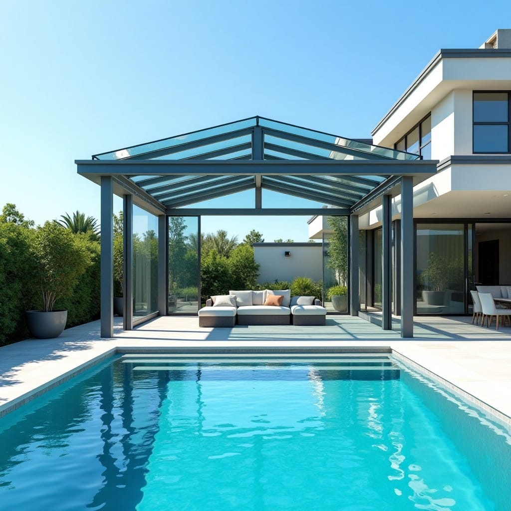 Abri de piscine haut vitré type véranda sur terrasse