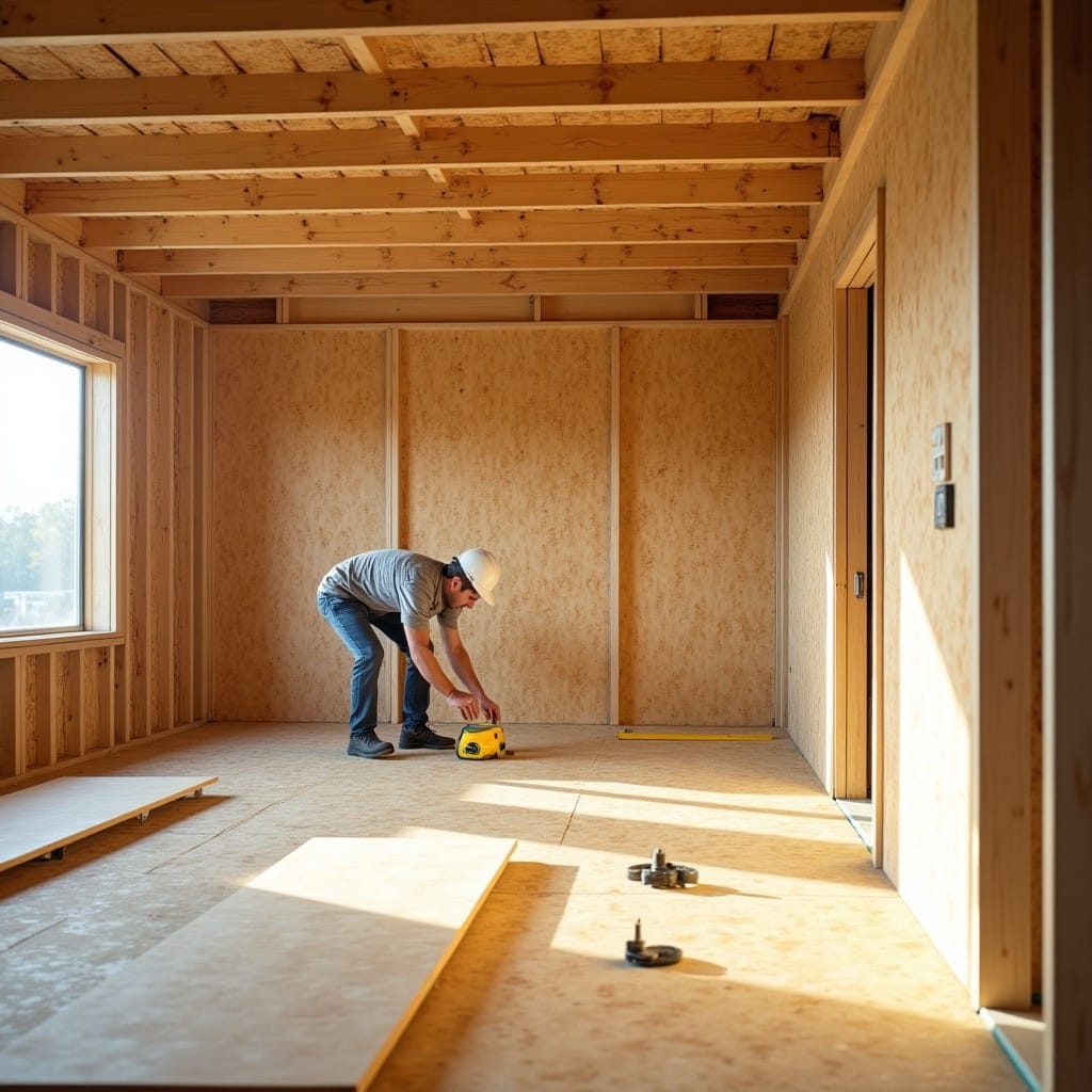 OSB plancher pose panneaux sur solives bois chantier