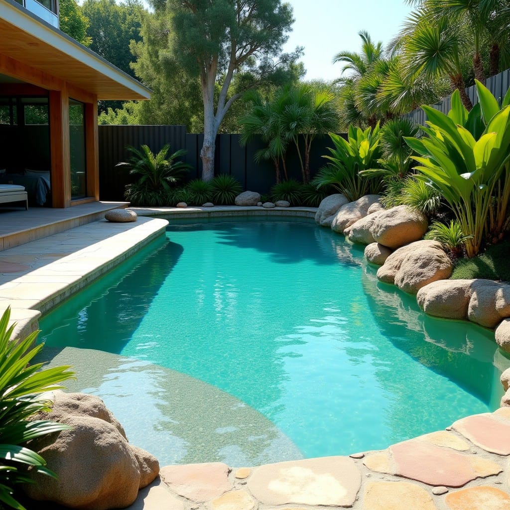 Piscine lagon forme libre avec plage immergée