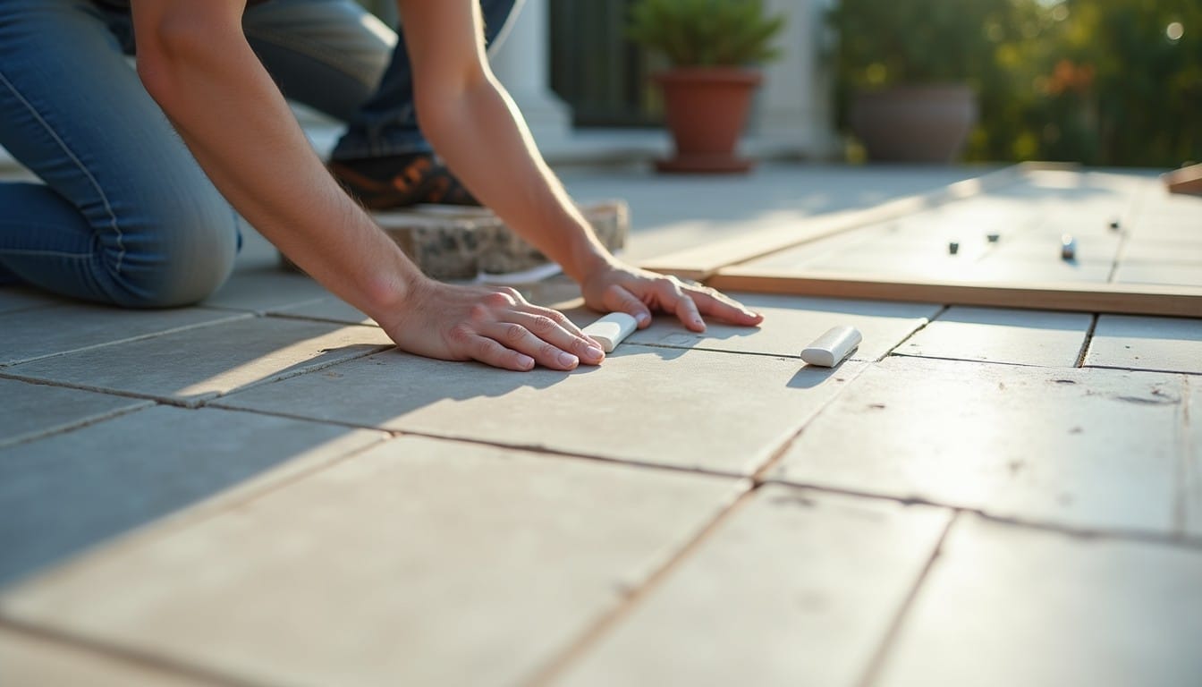 pose de carrelage extérieur sur une terrasse en cours de chantier