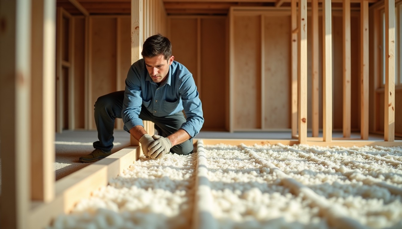 Isolant posé entre solives d'un plancher en bois