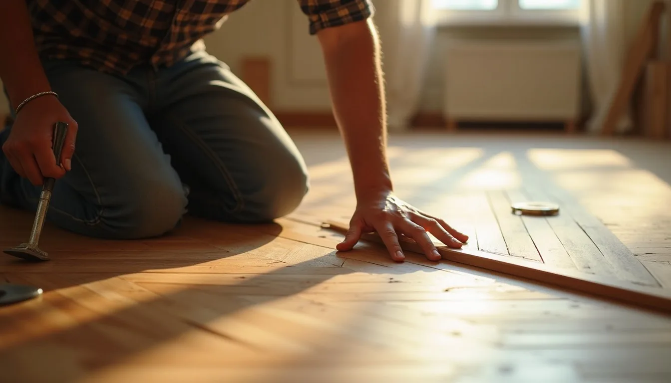 Artisan parqueteur posant un parquet à motifs
