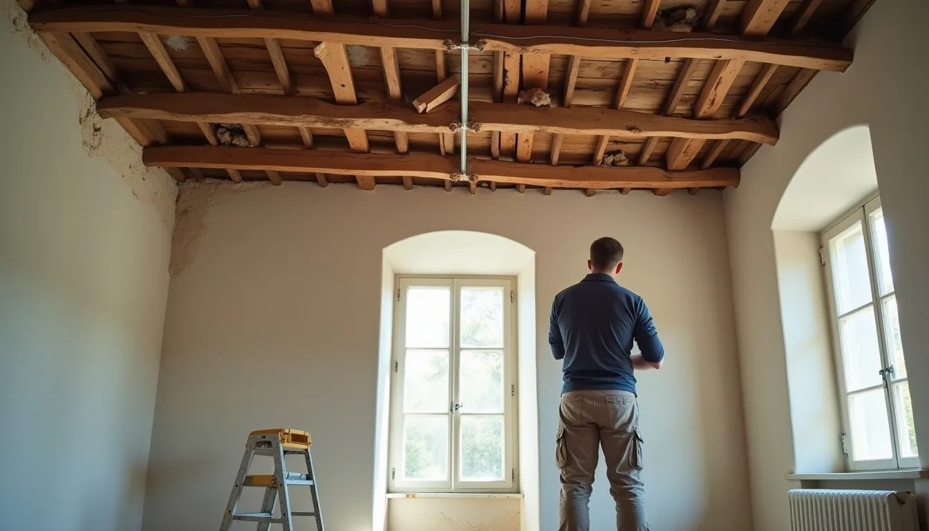 Plafond ancien en lattis plâtre en cours de restauration