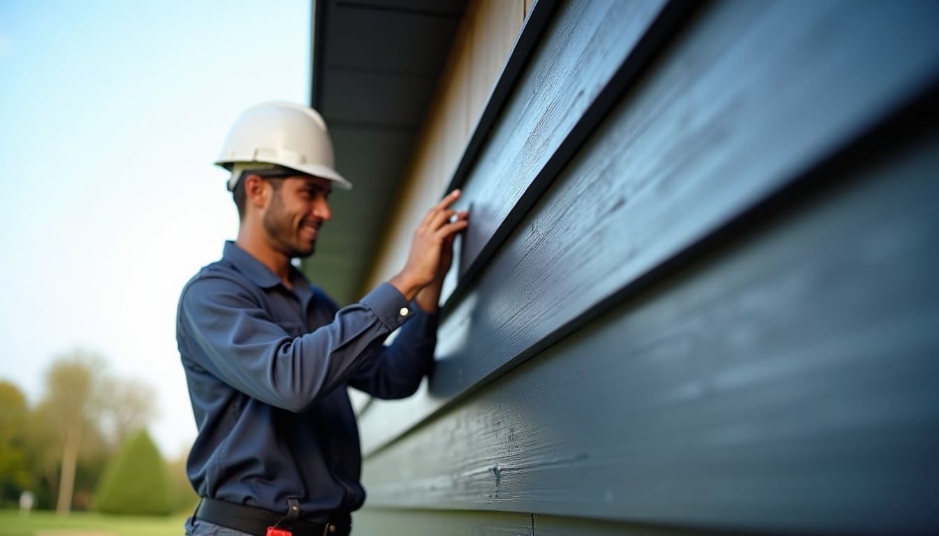 Installateur posant un bardage composite sur une façade