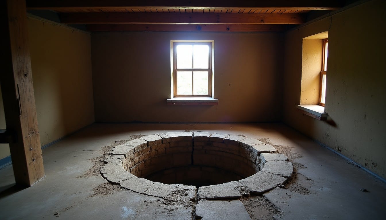 ancien puits en pierre découvert sous le plancher d'une maison