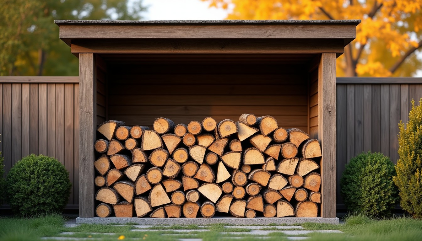 stère de bois de chauffage empilé contre un abri extérieur