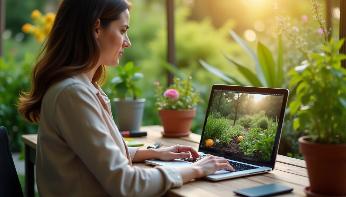 Personne consultant un blog de jardinage dans son jardin