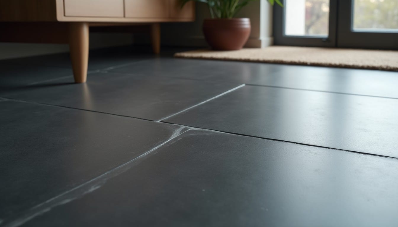traces de calcaire sur carrelage gris anthracite avant nettoyage