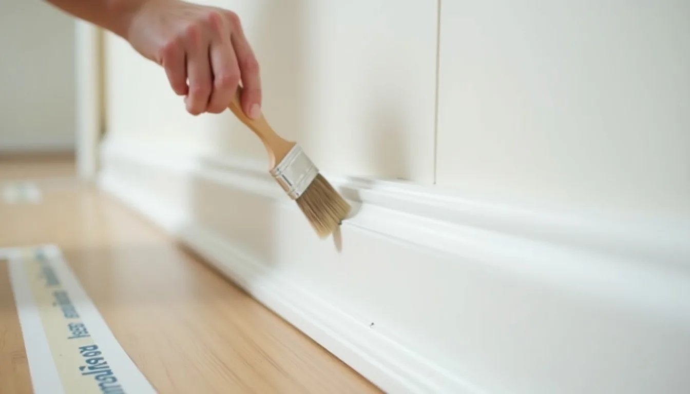 Peinture d'une plinthe en bois au pinceau à rechampir