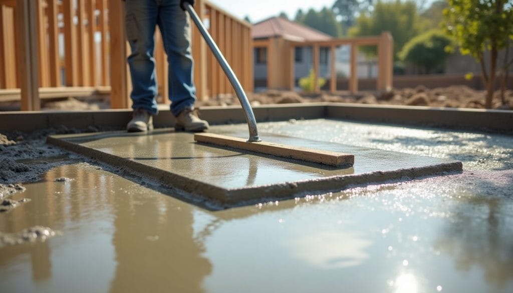 Dalle béton fraîchement coulée et tirée à la règle sur un chantier